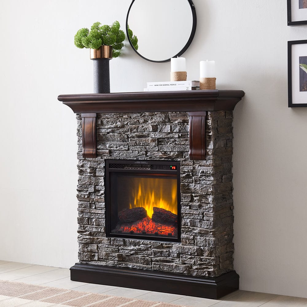 Rockvale Stacked Stone Electric Fireplace Mantel Package