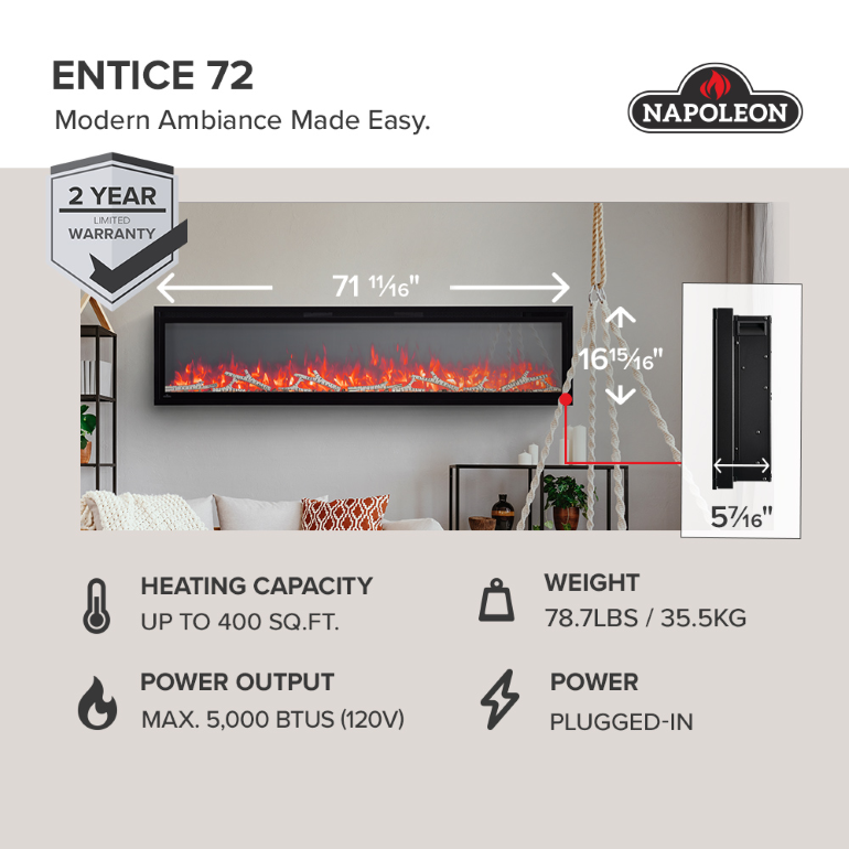 72" Entice Electric Fireplace
