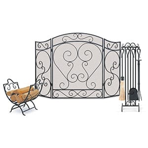 Country Scroll 3 Panel Folding Fireplace Screen, Black